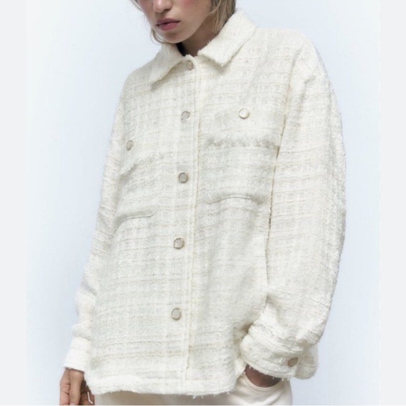 Zara Off-White Tweed Button-Up Jacket - Picture 3 of 9